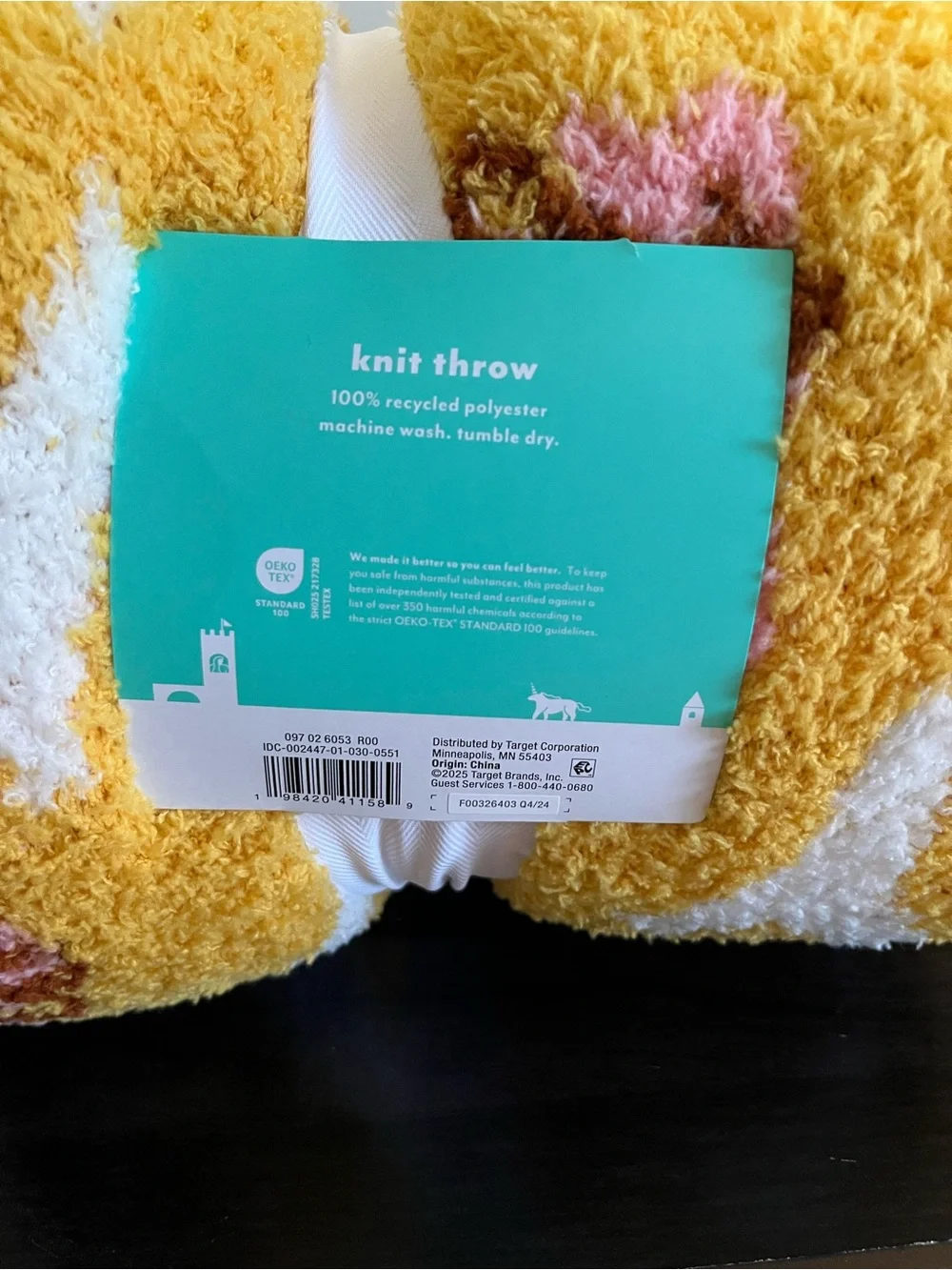 Pillowfort Yellow Plush Knit Throw with Pink White and Maroon Flower Accents